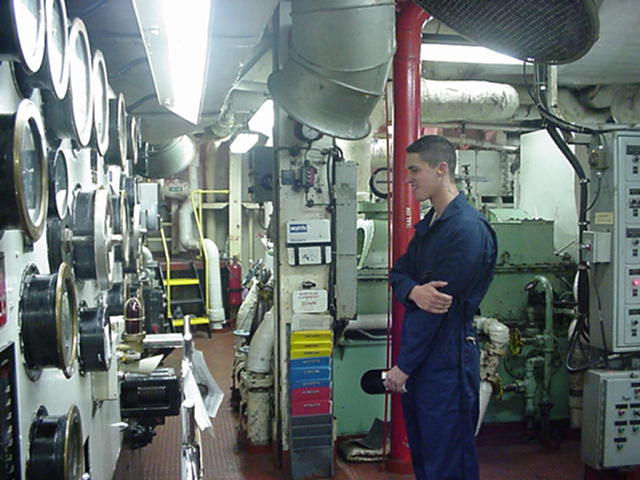 on watch: Cadet 1/c John Fitek, Harvard, MA watches the gauges in the engine room