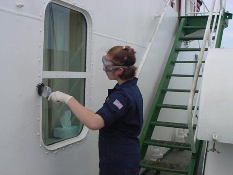 brushwork: 4/c Cassandra LaMonica (Lynfield,MA) touches up trim on one of the lights aft.