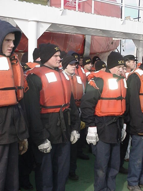 lifeboat drill: Cadets muster aft for daily lifeboat drills.