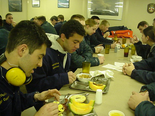 Breakfast: Cadets eat together in the cedet mess deck.