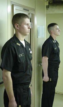 top cadets: Even the Cadet Chief Mate Joel Voss (Hopkington,MA) and the Regimental Coimmander Kevin Grechika (Moodus,CT) stand Captain's inspection. Leadership by example.