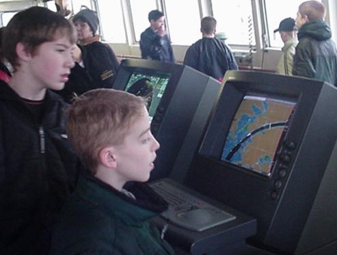 radar: World Wide Classroom students enjoy their tour of the ship. They will plot the position, answer the daily questions, and write to the Cadets during sea term 2002.