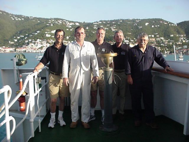 Class74.jpg: MMA class of '74 onboard Empire State;CDR Dalton, CDR Stanton, Capt Bushy, Mr. Bowen, CAPT Lima