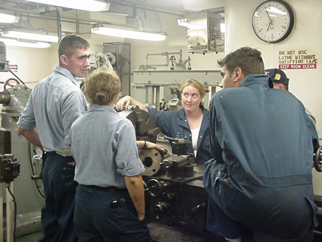 Engine room: 3/c Erin Lawrence, James McCormack, Shana Post-Maher, and Jacob McMahon; "Let's finish this tomorrow and see the Talent Show"