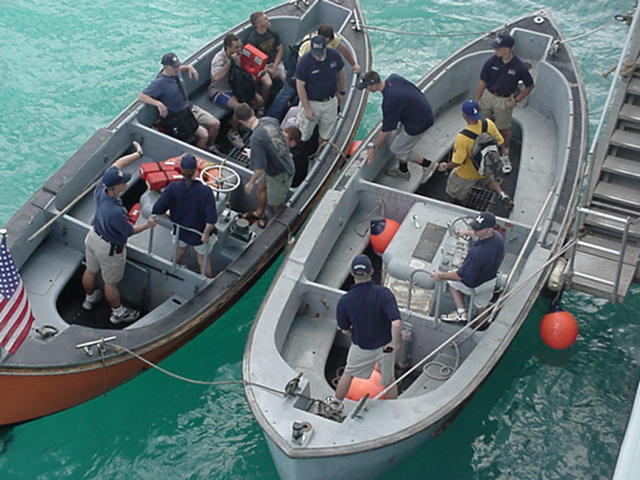 liberty launch: "Liberty call, Liberty call" the sweetest words in a cadets vocabulary. These motor whale boats are the water taxies to the beach here in St. Thomas.