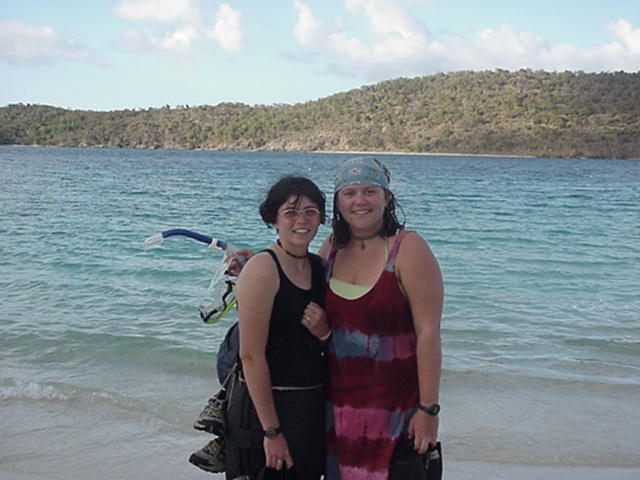 Snorkeling in St Thomas.: 3/c Missy Devalles (Fairhaven,MA) and 2001 Sea Term correspondant Megan Kearns (Wareham,MA) just before they venture underwater.