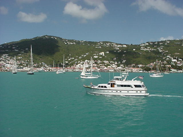 St Thomas harbor: How about this for a commute? Our motor whale boats made this trip over a hundred times, ferrying people to and from the beach.