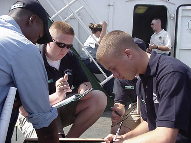 waverecord.jpg: Part of the 4/c MSEP portion of the sea term is oceanography... in this case, determining the speed of waves. 4/c Gerard Jones, 4/c Richard Holcroft, and 4/c Colin Davis at work.